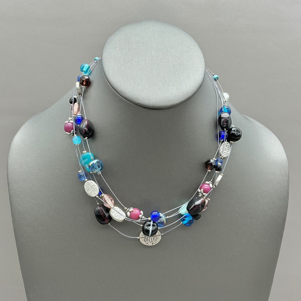 Lia Sophia Necklace Womens Silver Tone Multi Strand Beaded Illusion 16-18 In